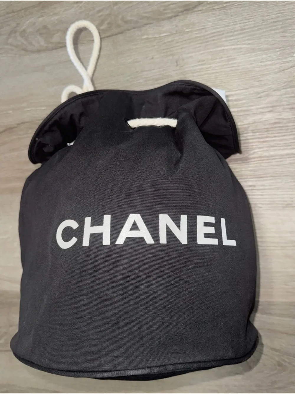 CHANEL Black Drawstring Logo Pouch with White Rope